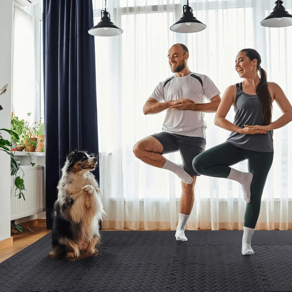 Couple doing yoga on Waterproof Interlocking Mats for Home Gym and Play - SF3475 with a dog watching